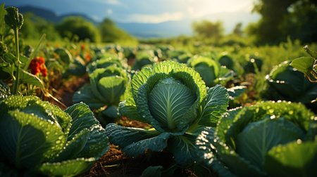 Cabbage plantation in the field.の素材