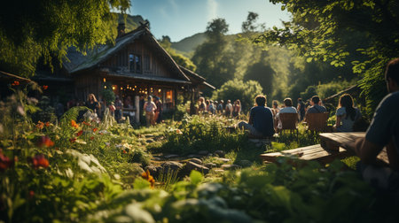 Back view of people enjoying in outdoors green grass.の素材