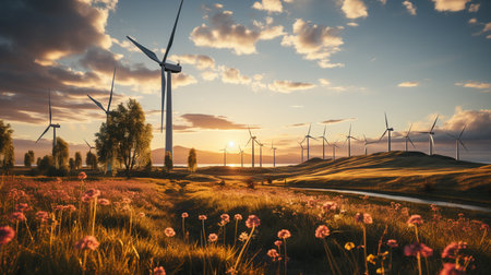 Wind turbines at sunset.の素材
