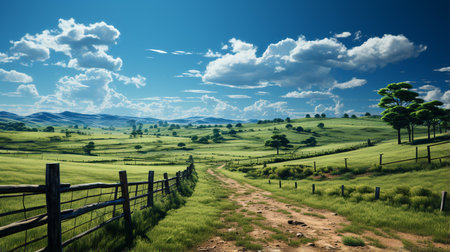 Farmland field with a wooden fence.の素材