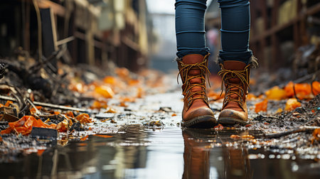 Human in boots in flood water.の素材