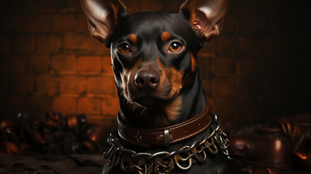 Dog with a leather leash.の素材