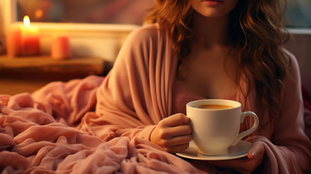 Woman with coffee cup on the bed.の素材