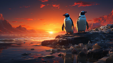 Garbage and penguin at the sea beach.の素材