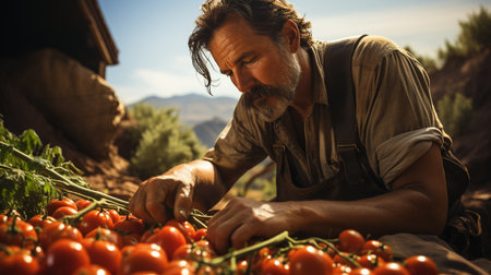 Farmer harvest tomatoes.の素材