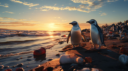 Garbage and penguin at the sea beach.の素材