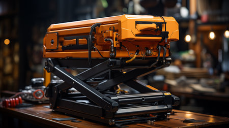 Hydraulic lift table in a warehouse.の素材