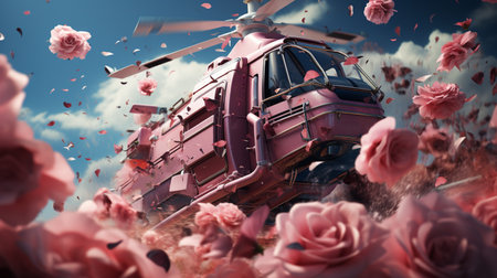 Helicopter sprinkle rose in sky.の素材