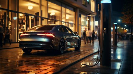 Electric vehicle chargers in street.の素材