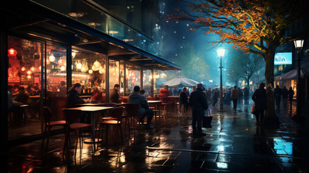 People sitting in city street eastaurant at nightの素材