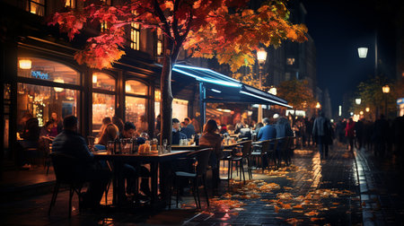 People sitting in city street eastaurant at nightの素材
