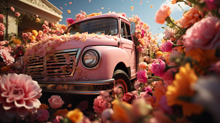 Truck with many flowers of rose.の素材