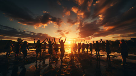 Silhuette group of people having fun with raised arms at sunset.の素材