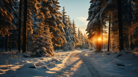 Winter forest with fir trees at sunset.の素材