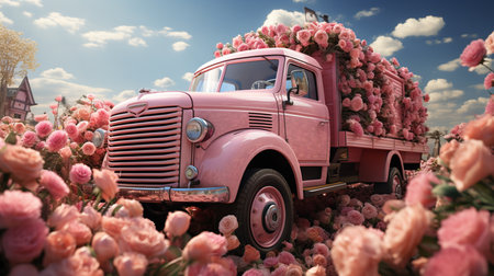 Truck with many flowers of rose.の素材