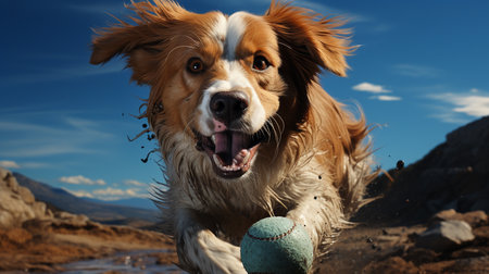 Dog jumping in air catching a ball.の素材