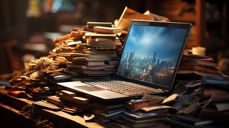 Pile of books with a laptop.の素材