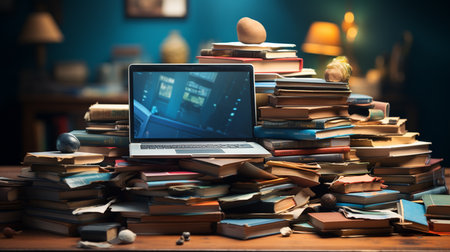 Pile of books with a laptop.の素材