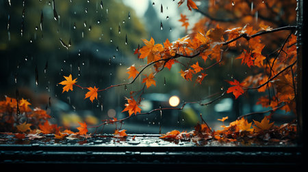 Autumn leaves on window glass in rainy day.の素材
