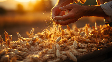Hands of farmer pouring grain at sunset.の素材