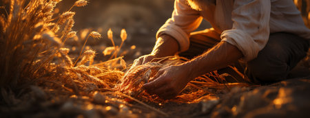 Hands of farmer pouring grain at sunset.の素材