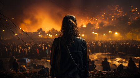 Back view crowd of people goes a humanitarian disaster zone.の素材