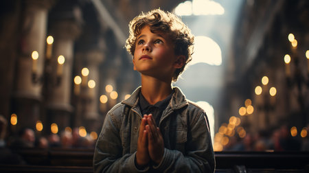 Boy praying at the church.の素材