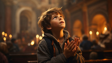 Boy praying at the church.の素材