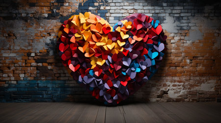 Colorful heart form on brick wall.の素材