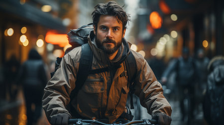 Man ride bike to work in the city.の素材