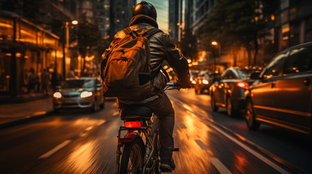 Man ride bike to work in the city.の素材