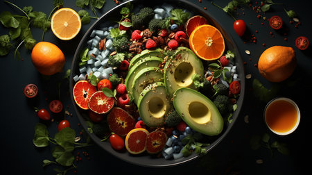 Food. Top view. Salad, fruits.の素材