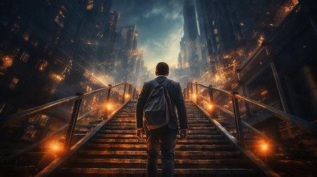 Back view businessman climbing the success stairs.の素材