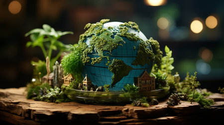 Green globe on the wooden table.の素材