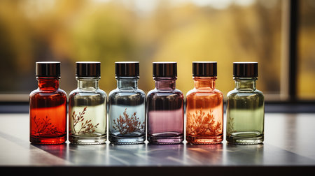 Natural bottles of cosmetics on the table.の素材