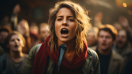 Woman activist shouting with a crowd of people.の素材