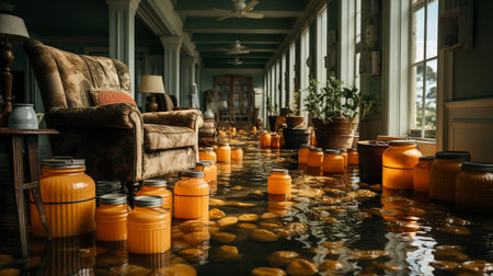 Water and buckets in the living room. Flooded floorの素材