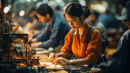 Asian workers in a production factory.の素材