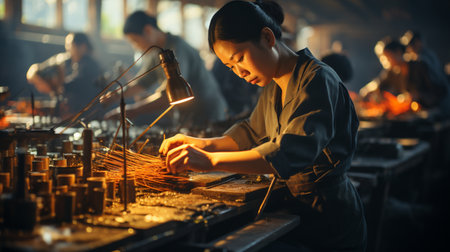 Asian workers in a production factory.の素材