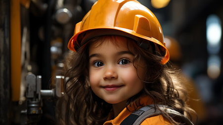 Girl in yellow construction helmet.の素材