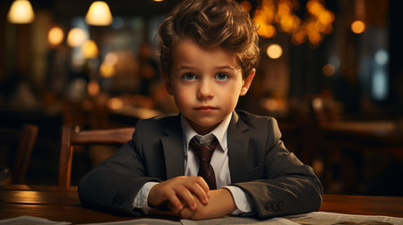 Small boy in business suit sitting at office.の素材