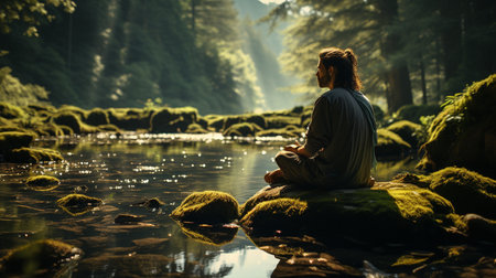 Man meditates in green nature.の素材