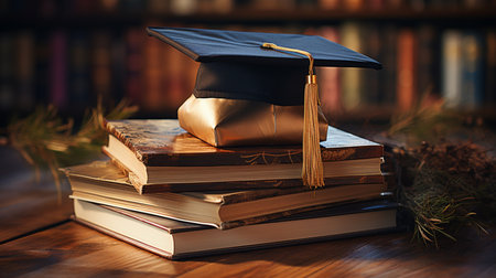 Graduation hat and stack of books.の素材