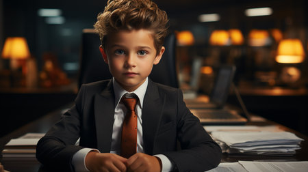 Small boy in business suit sitting at office.の素材