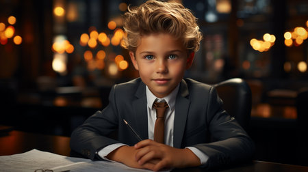 Small boy in business suit sitting at office.の素材