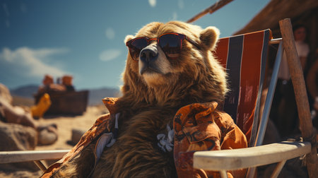 Bear on the beach wearing sunglasses.の素材