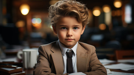 Small boy in business suit sitting at office.の素材