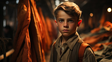 Young boy in a textile factory.の素材