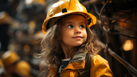 Girl in yellow construction helmet.の素材