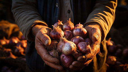 Farmer hands holding onions.の素材